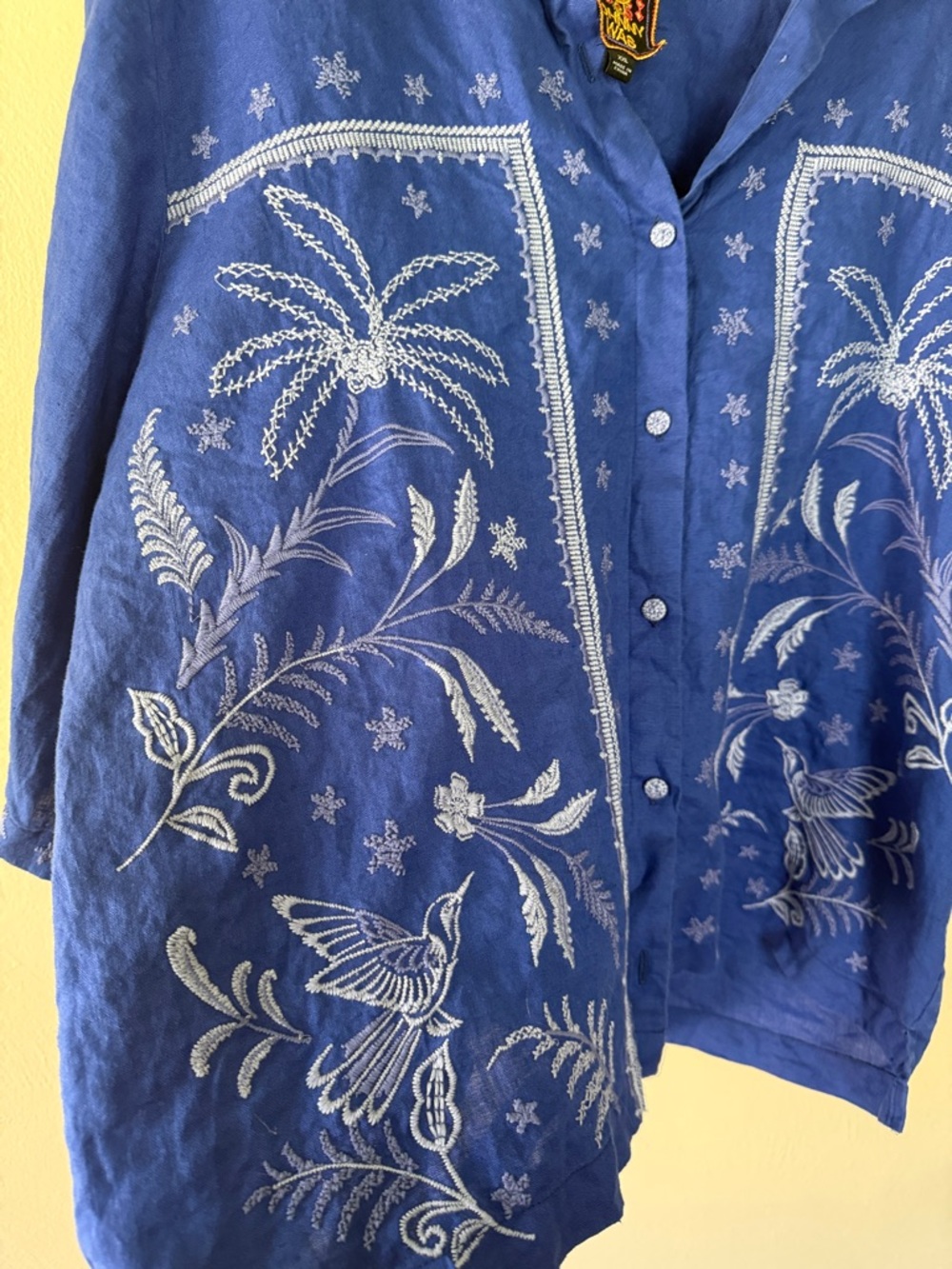 Johnny Was Blue linen Komono Sleeve Embroidered Paisley Collar Shirt XXL - Picture 3 of 9